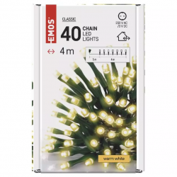 Emos Vianočná reťaz Classic 40 LED, zelený drôt, 4m, časovač, teplá biela