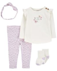 CARTER'S Set 4dielny tričko dl. rukáv, legíny, čelenka, ponožky Ivory/Purple Floral dievča MFL 12m/