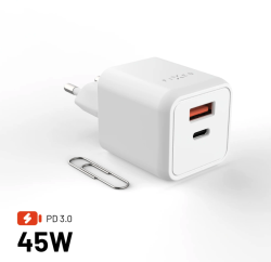 FIXED Mini GaN sieťová nabíjačka s USB-C a USB výstupom, PD, 45W, biela