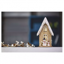 Emos LED drevený dom so snehuliakmi 28.5cm, 2x AA, vnútorný, teplá biela, časovač