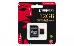 Kingston Canvas React MicroSDHC 32GB Class U3 UHS-I V30 A1 (r100MB,w70MB)