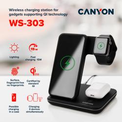 Canyon WS-303 - 3v1, bezdrôtová Qi nabíjacia stanica pre 3 zariadenia simultánne, biela