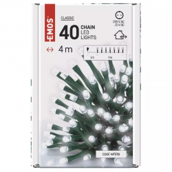 Emos Vianočná reťaz Classic 40 LED, zelený drôt, 4m, časovač, studená biela