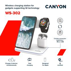 Canyon WS-302 - 3v1, bezdrôtová Qi nabíjacia stanica pre 3 zariadenia simultánne, biela
