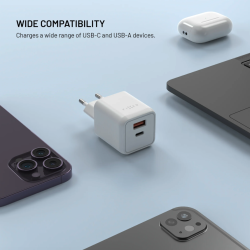 FIXED Mini GaN sieťová nabíjačka s USB-C a USB výstupom, PD, 45W, biela