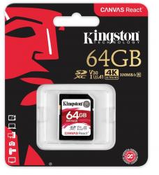Kingston Canvas React SDXC 64GB class 10 UHS-I U3 V30 A1 (r100MB,w80MB)