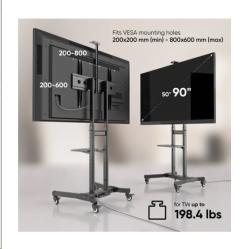 Onkron TS1891 výškovo nastaviteľný mobilný stojan pre TV 50"-90" s policami, čierny, VESA max 800x60  + doručenie zadarmo 
