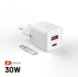 FIXED Mini GaN sieťová nabíjačka s USB-C a USB výstupom, PD, 30W, biela