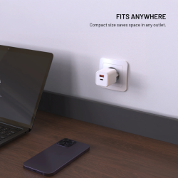 FIXED Mini GaN sieťová nabíjačka s USB-C a USB výstupom, PD, 45W, biela